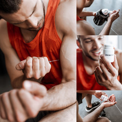 collage of sportsman making doping injection, smiling, holding jar with protein powder, probiotic bottle and pills