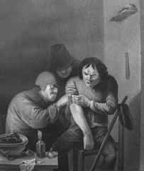 Fototapeta na wymiar Medieval barber treats a man by Adriaen Brouwer in the old book Des Peintres, by C. Blanc, 1863, Paris