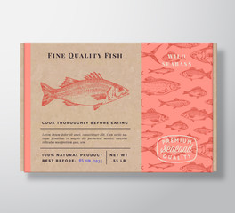 Fish Pattern Realistic Cardboard Container. Abstract Vector Seafood Packaging Design or Label. Modern Typography, Hand Drawn Seabass Silhouette. Craft Paper Box Pattern Background Layout.