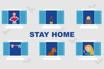 People in their apartments with windows opened and the message stay home