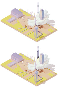 Vector Isometric Space Rocket Launch Complex Infographic. Modern Spaceship On The Launch Pad. Rocket Lifts Off From The Launch Platform. Buildings And Spaceport Infrastructure