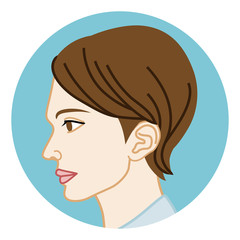 Portrait of young short hair woman - side view, circular clip art