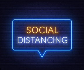 Fototapeta premium Social distancing neon sign on brick wall background.. Vector illustration