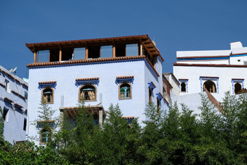 Residential house facades in Chefchaouen town, Morocco.