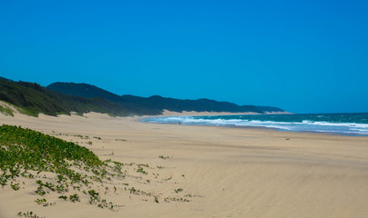 Fototapeta na wymiar Cape Vidal Beach offers a superb location between Lake St Lucia with its resident wildlife and the tidal delights of the Indian Ocean. KwaZulu-Natal South Africa 