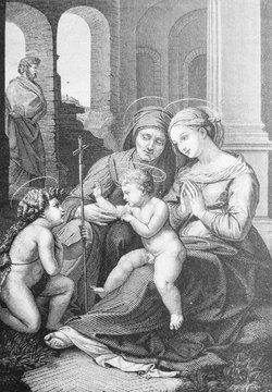 The holy Family by Raphael in the vintage book the History of Arts by Gnedych P.P., 1885
