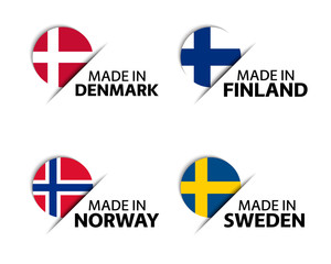 Fototapeta premium Set of four Danish, Finnish, Norwegian and Swedish stickers. Made in Denmark, Made in Finland, Made in Norway and Made in Sweden. Simple icons with flags isolated on a white background