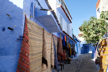Carpet street shop in city of  Chefchaouen, Morocco.