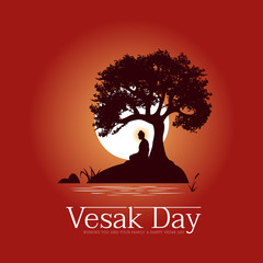 Vesak day banner with The Lord Buddha meditated under Bodhi  trees on a full moon night near the stream vector design