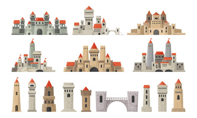 Castle towers big set. Kingdom on white background. Fortresses buildings.  Medieval Palace in cartoon style. Collection in vector.