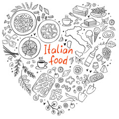 Set of Italian cuisine food isolated on white background. Doodle. Vector illustration. Perfect for food menu design template.