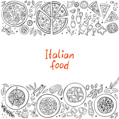 Set of Italian cuisine food isolated on white background. Doodle. Vector illustration. Perfect for food menu design template.