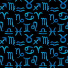 Seamless pattern watercolor digital paint zodiac horoskope signs with night blue sky isolated on black background