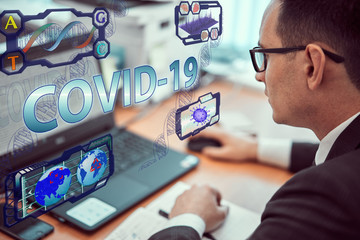The doctor of medicine examines and tests the tests for coronavirus or Covid-19 with a virtual screen in the laboratory. Diagnostic verification of coronavirus test results.