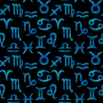 Seamless pattern watercolor digital paint zodiac horoskope signs with night blue sky isolated on black background