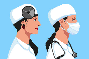 European, Spaniard women physicians, ENTs in a medical cap, with head reflector, stethoscope avatar set. Healthcare personal. Therapist. Hospital nurse. Vector Illustration.