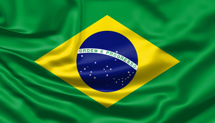 Realistic flag. Brazil flag blowing in the wind. Background silk texture. 3d illustration.