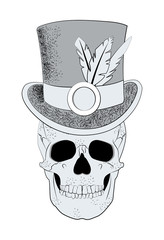 Monochrome vector skull in top hat with feathers isolated on white background 