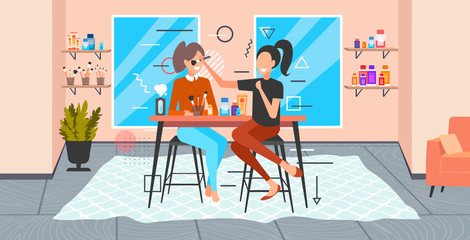 professional makeup artist doing make-up with brush for beautiful girl beauty concept modern salon interior full length horizontal vector illustration
