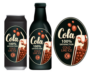 Vector label for cola in retro style, decorated by brown carbonated drink in a glass cup with a straw and a soda spray on black background. Sample cola label on aluminum can and glass bottle