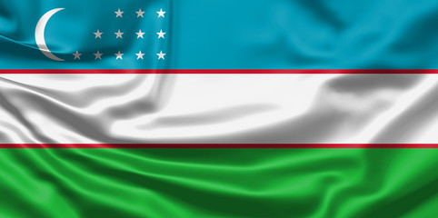 Realistic flag. Uzbekistan flag blowing in the wind. Background silk texture. 3d illustration.