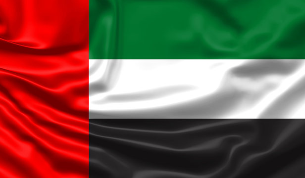 Realistic flag. United Arab Emirates flag blowing in the wind. Background silk texture. 3d illustration.