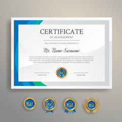 Blue and green certificate template border with gold badges vector for business and legal document printing