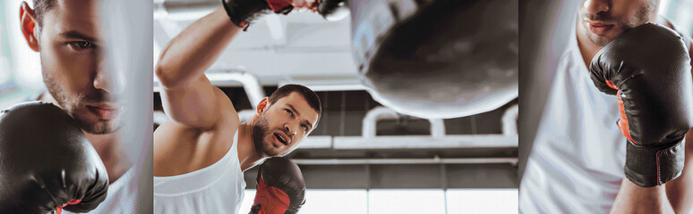 collage of emotional and handsome sportsman in boxing gloves training with punching bag in sports center