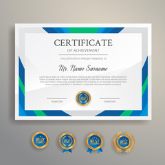 Blue and green certificate template border with gold badges vector for business and legal document printing