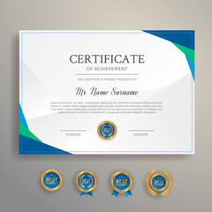 Modern simple certificate in blue and green color with gold badge and border vector template