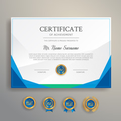 Fototapeta premium Modern simple certificate in blue and green color with gold badge and border vector template