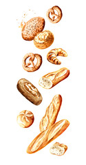 Falling Fresh pastries. Hand drawn watercolor illustration isolated on white background