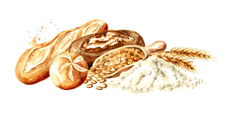 Fresh baked goods with wheat ears, grains and a pile of flour. Hand drawn watercolor, illustration isolated on white background