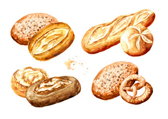Fresh pastries set. Hand drawn watercolor illustration isolated on white background