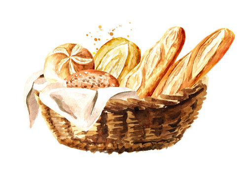 Fresh pastries in the basket. Hand drawn watercolor, illustration isolated on white background