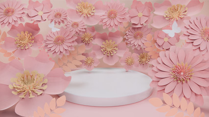 cosmetics stand decoration flower backdrop pastel background,3d rendering design