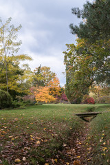 Naklejka premium lawn in an ornamental garden and a ditch with a wooden footbridge, linden trees with thick branches on the right side