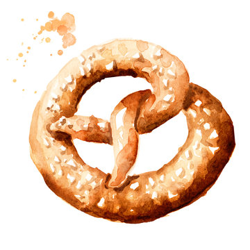 Fresh pastries, pretzel. Hand drawn watercolor illustration isolated on white background