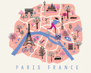 Cartoon Map of Paris with Legend Icons. Print Design