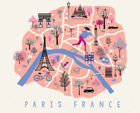 Cartoon Map of Paris with Legend Icons. Print Design