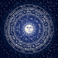 Vector circle of Zodiac signs with icons, names, constellations, the Sun and magic runes written in a circle on the background of the starry sky. Horoscope symbols for astrological predictions