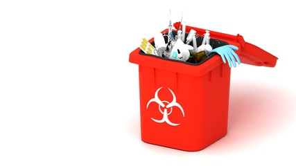 Medical trash 3d illustration. Coronavirus protection equipment in medical waste bin. Used face masks and sterile gloves.