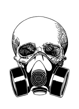 Graphical sketch of human skull in gas mask isolated on white background,vector illustration