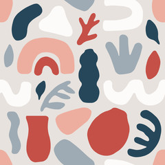 Cute trendy seamless pattern with abstract organic shapes nature elements, vector illustration