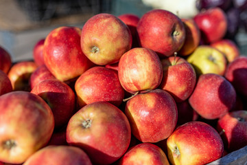 Red apples at an outdoor market in a wooden basket