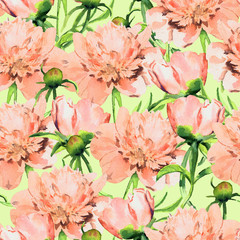 Hand drawn watercolor floral seamless pattern - Delicate pink peonies