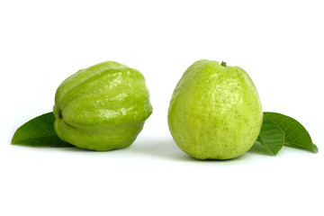 Two green crystal guava fruit with leaves isolated on white background