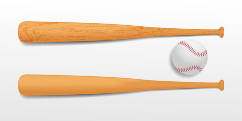 Baseball ball and realistic 3d wooden bat isolated on white background. American national game gear. Mock up sport equipment. Vector illustration