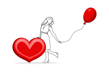 Vector illustration. Continuous line drawing beautiful woman with red heart and balloon. Cute young girl one line sketch on white background. Concept for birthday greeting card, banner, poster, flyer