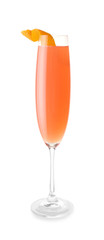 Glass of tasty mimosa cocktail on white background